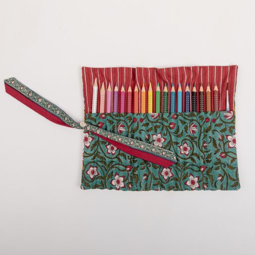 Pencil Cover (Firozi Poppy Jal & Red Stripes)