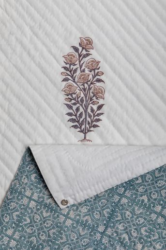 French Traditionally Quilted  Throws and Tablecloth in  Grey Leaf Mughal Rose Blue Paola Stripes
