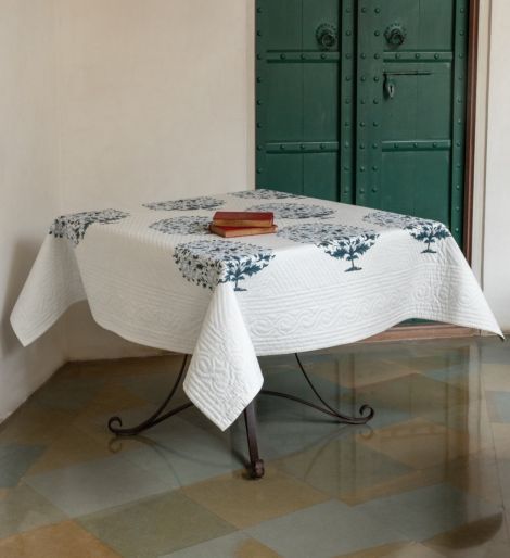 French Traditionally Quilted  Throws and Tablecloth in  Blue Amapola Buta Grey  Jal