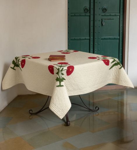 French Traditionally Quilted  Throws and Tablecloth in  Poppy on Cream Overprint. Poppy Jal