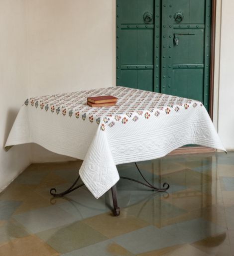 French Traditionally Quilted  Throws and Tablecloth in  Makisan Jali Buti and Green  Paola