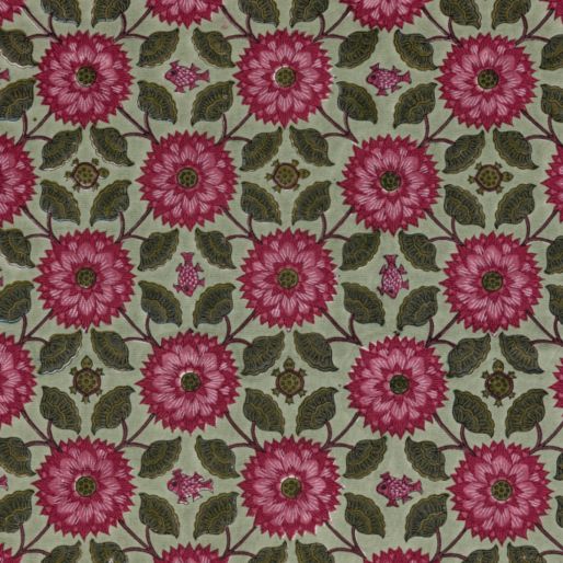 FABRIC LOTUS FISH AND TURTLE ON GREEN-Cambric