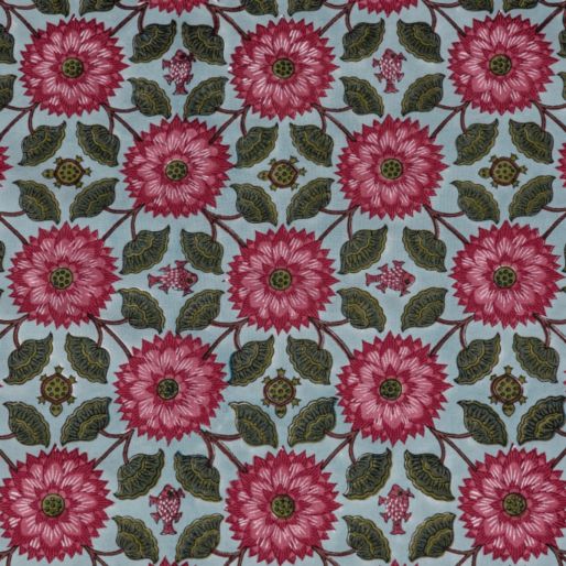 FABRIC LOTUS FISH AND TURTLE ON BLUE-Muslin