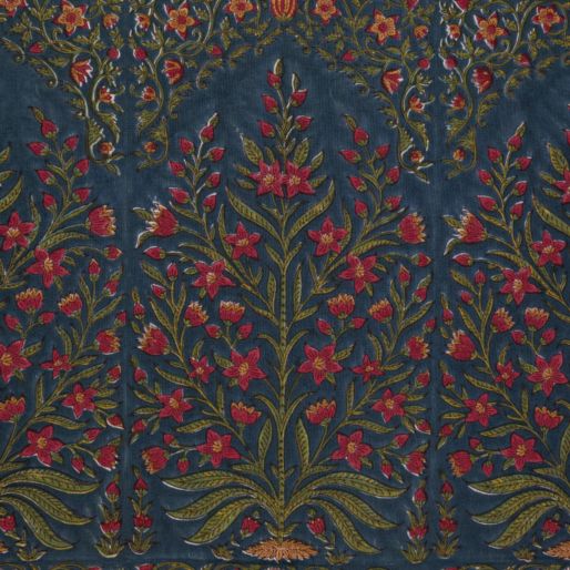 FABRIC INDIGO MANDIR WITH RED FLOWER-Muslin
