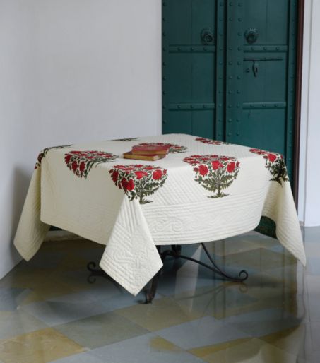 French Traditionally Quilted  Throws and Tablecloth in  Pavot on Cream and Hiran