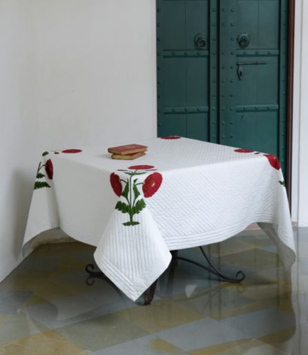 French Traditionally Quilted  Throws and Tablecloth in  Poppy on White Grey Stripes