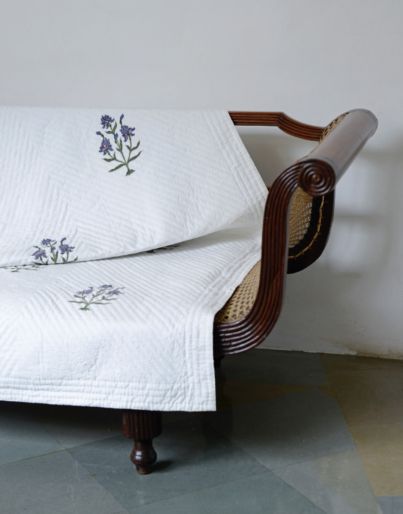 French Traditionally Quilted  Throws and Tablecloth in  Blue Iris Green Stripes