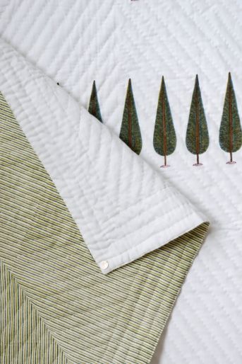 French Traditionally Quilted  Throws and Tablecloth in  Cypress on White Double Green Stripes