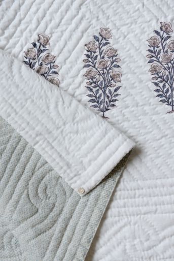 French Traditionally Quilted  Throws and Tablecloth in  Grey Leaf Mughal Rose Fine Blue Zigzag Stripes