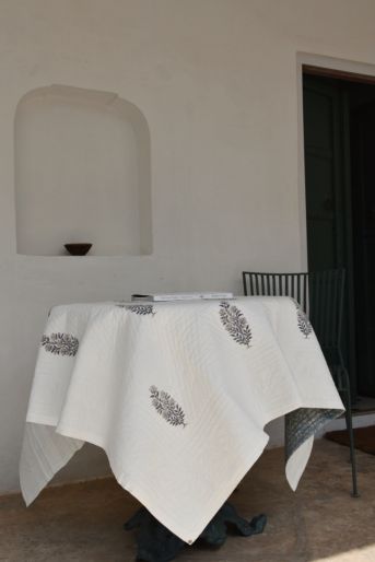 French Traditionally Quilted  Throws and Tablecloth in Grey Mughal Rose with blue Zigzag Stripes
