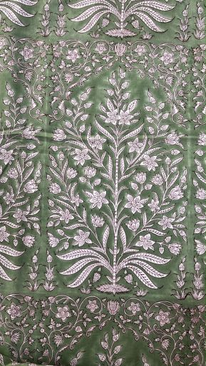 FABRIC GREEN IVORY MANDIR BUTA CAMBRIC