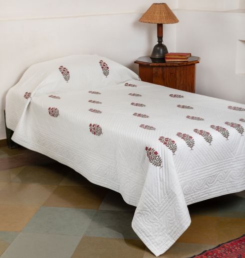 Bedcover Green Leaf Mughal Rose Green Stripes