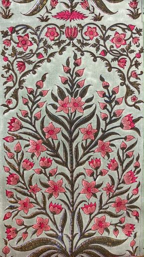 FABRIC GREEN MANDIR BUTA WITH CHESTNUT FLOWERS CAMBRIC