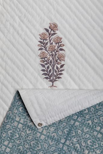 Bedcover Grey Leaf Mughal Rose Blue Paula